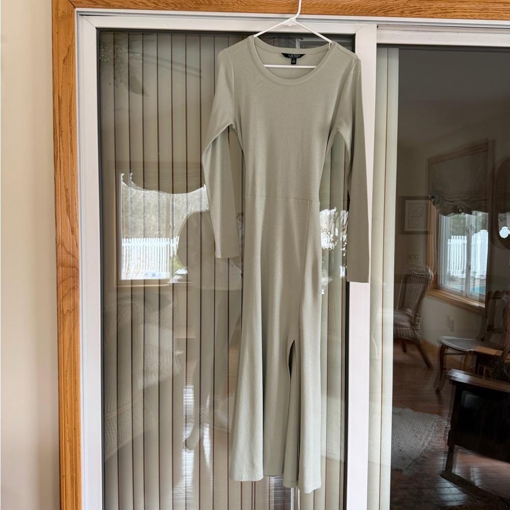 NWT Lauren Ralph Lauren Long-Sleeve Belted Sage Green Maxi Dress